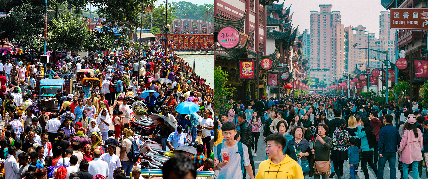 Banner image with two photos showing crowds in India and China