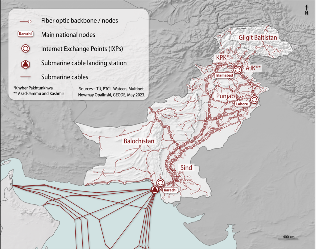 Map of Pakistan, showing its fiber optic backbone and submarine cables