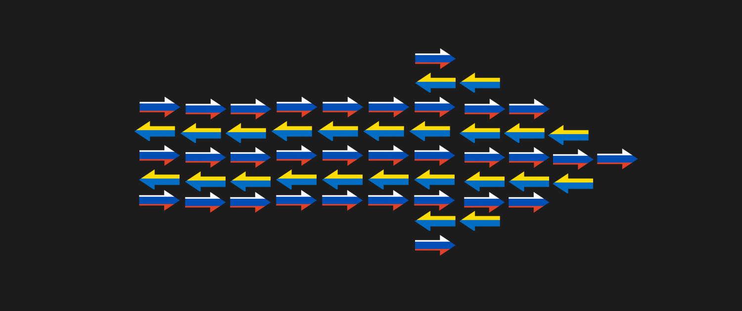 Illustration of arrows colored in ukraine and russian flag colors pointing in different directions