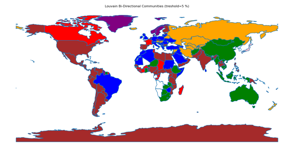 Heat map of the world showing alliances of trust between countries